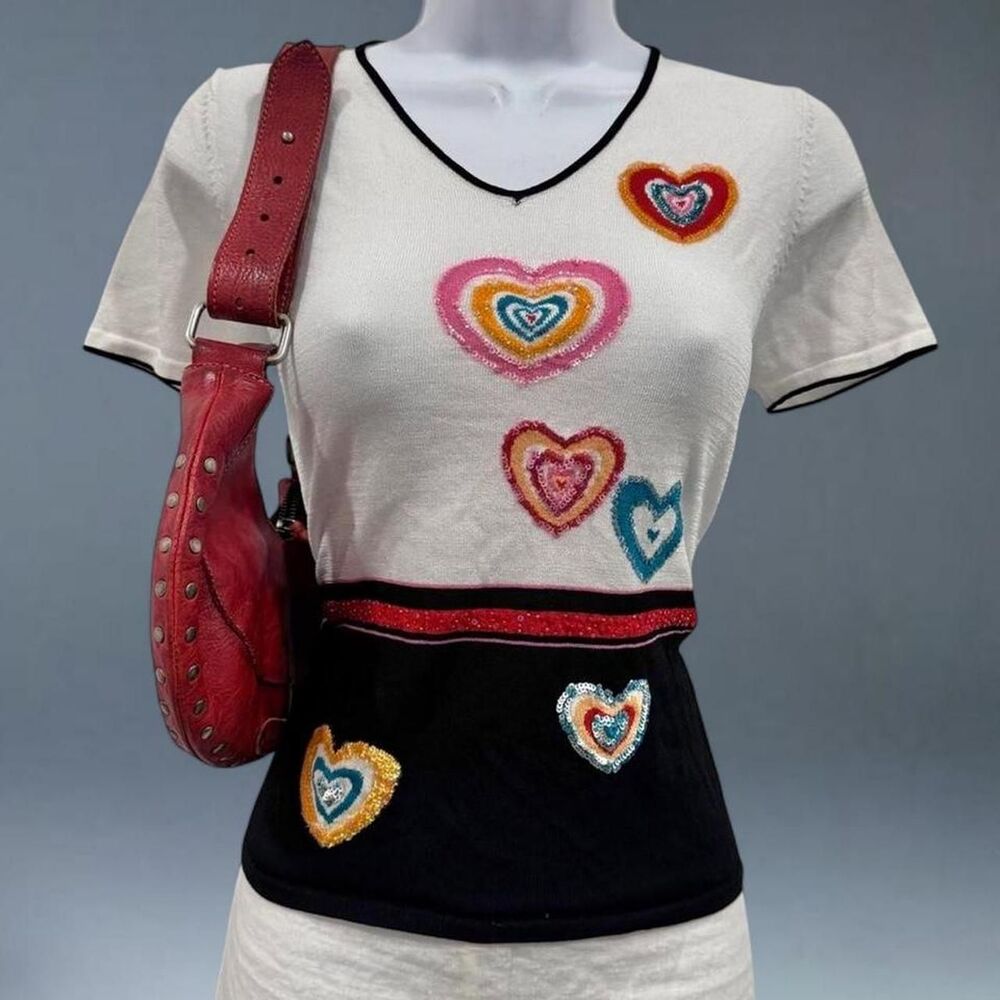 vintage ricamato sequin heart knit top small italian euro y2k romantic glam